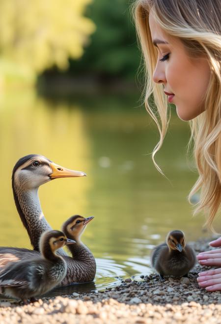 beautiful woman on the shore feeding a duck and her chicks in a pond in the morning, close up on face and duck