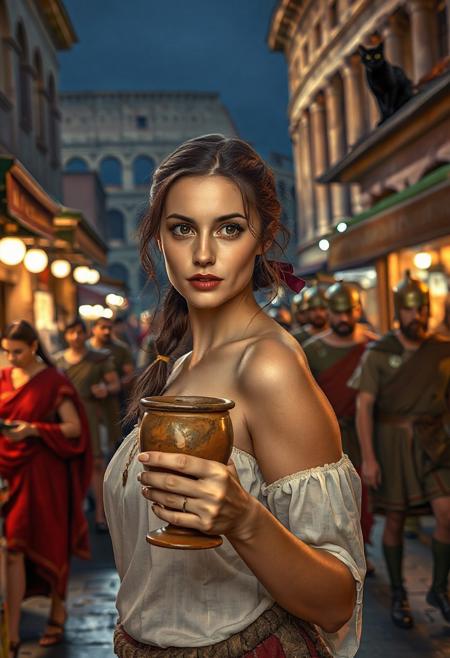Setting is a 1st century Roman Empire market in Rome at night, the market is comprised of street vendors selling, food, weapons, and clothing. Everyone and everything in the image is appropriate for a scene from Ancient Rome, People wearing Roman clothing are walking through the street market shopping and eating, in the foreground is a merchant selling beverages and food at a market kiosk, (((a beautiful woman, 24 years old is standing in the foreground, the woman  facing the viewer with a clay goblet of wine in her hand. Her eyes are beautiful and focused on the viewer, she has an expression of interested curiosity))), Roman Soldiers are walking behind the beautiful woman, one of the solders turns to look at the beautiful woman, many people are walking by in the busy street market, the woman is dressed in high fashion Roman Empire clothing with an alluringly sexual, but traditional roman aesthetic. The woman's hair is elegantly tied up with a ribbon. Artistic ancient Roman aesthetic, dynamic perspective, (((overall architectural aesthetic is Ancient Rome in 1st Century Roman Empire era))).  Epic image that elicits a feeling of wonder and awe, Rome Coliseum Roman Forum architecture in background, a sleek black cat is visible sitting on a kiosk roof in the background,