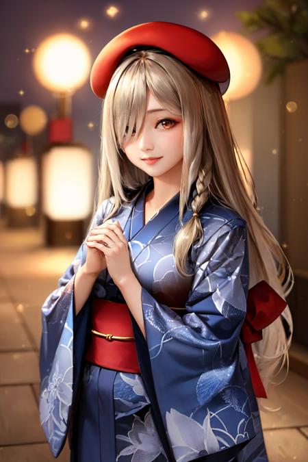 (masterpiece, best quality:1.2), solo, 1girl, g36ckimono, smile, looking at viewer, own hands together, hair over one eye, beret, japanese clothes, blue kimono, sash, obi <lora:gfl_g36c:1.0>