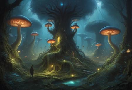 a regal figure shrouded in an aura of mystery, enthroned upon a twisted root system, surrounded by eerie luminescent mushrooms, with undulating tendrils of darkness that seem to writhe like living serpents, remnants of ancient knowledge etched into the rugged bark of their kingdom, an intricate system of glowing fungal hyphae pulsing with a soft ethereal light, Merge the visionary styles of Karel Thole and Andy Fairhurst into a captivating and imaginative artwork that transports viewers to a realm of surreal and otherworldly beauty. Infuse the essence of Karel Thole's intricate and futuristic aesthetics with Andy Fairhurst's unique approach to storytelling and composition, creating a visual narrative that is both surreal and emotionally resonant.