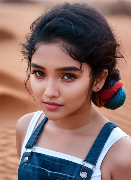 portrait of skswoman, interested , wearing overalls , with dark blonde Half-up, half-down hairstyle , background desert epic (photo, studio lighting, hard light, sony a7, 50 mm, matte skin, pores, colors, hyperdetailed, hyperrealistic), <lyco:Anikha Surendran:1.1>