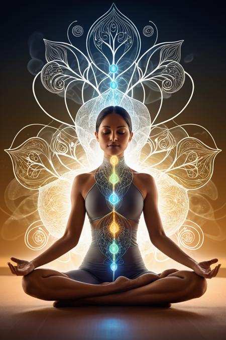 Middle Eastern figure in a meditative or yoga pose,  symbolizing balance and harmony,  as per Deepak Chopra's quote. Surrounding the figure are flowing lines and glowing auras representing the body's energy field. Elements like transforming leaves and butterflies signify transformation,  integrated with energy patterns. Neural network patterns and soft light around the head illustrate the intelligence of the mind-body connection. The scene radiates serenity and vitality,  embodying the body as a dynamic energy system,<lora:EMS-57135-EMS:0.600000>