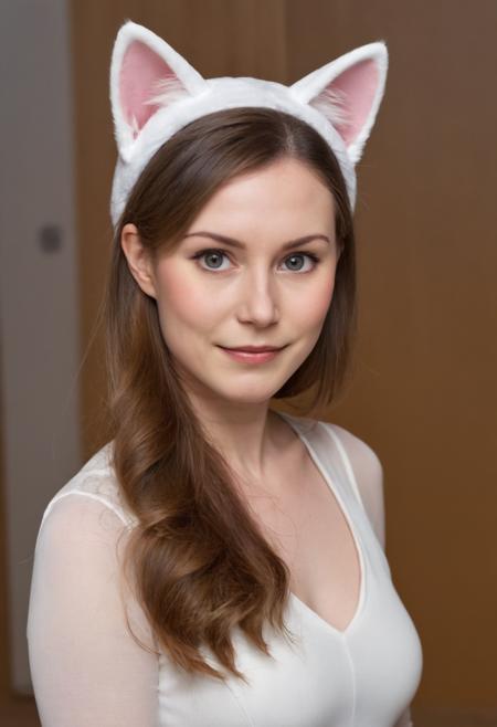 photo of sanna_marin wearing a cat costume, cat ears, cat tail, age 25, cinematic lighting, bokeh <lora:sanna_marin_sdxl_prodigy_10:0.95>, (close shot)