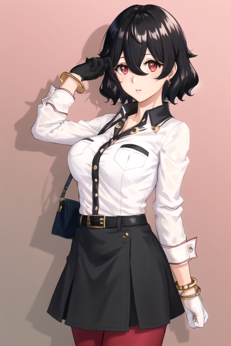 KarenAmamiya, 1girl, solo, short hair, black skirt, white shirt, black hair, red eyes, black gloves, long sleeves, hair between eyes, jewelry, red pantyhose, collared shirt, belt, bracelet, single glove, breast pocket