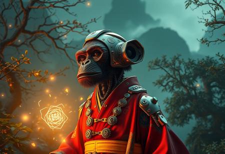 Create a highly detailed, 4K UHD digital art environment concept inspired by the works of Simon Stalenhag and rendered in the style of Beeple, Makoto Shinkai, and Syd Meade. The centerpiece is a magic robot-monkey character, influenced by Yi Yuanji and Alex Petruk (APe), dressed in a kimono robe with detailed toggles reminiscent of traditional Japanese attire. The color scheme should primarily feature red, white, and gold, with subtle gradients inspired by Su Fu and KunGe Yandere. The character's design should blend intricate metal and wood elements, evoking the aesthetic of Planet of the Apes. The surrounding environment should be a dreamscape, blending elements of nature and technology. Use an octane render with a 3-point perspective, aiming for a trending, low-level look on platforms like ArtStation. Include multiple references to guide the design process.