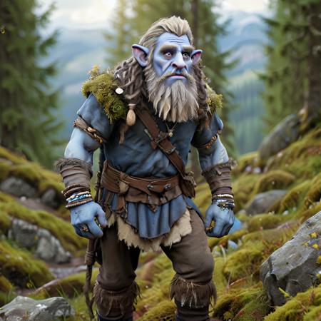 highly detailed photo of a (firbolg):1.2 in a medieval forest,


firbolg, colored skin, blue skin, solo, blonde hair, 
1boy, standing, male focus, boots, facial hair, beard, jewelry, bracelet,

in a mountain forest,

depth of field:1.2, blurry, blurry background,
realistic:1.3,

photorealistic,
fantasy, cinematic,
32k, best quality, 
god rays:1.2,
dappled sunlight:1.1,




