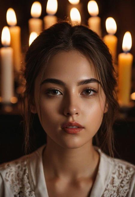 student girl ,eyes like a vampire's ,candles are burning in the background, dim light in the room (35mm, F/2.8), ((Photo Focus, DOF, Aperture)) insanely detailed and intricate, character, hyper-maximalistic, frank , attractive, exciting, hyper-realistic , clear facial features, eyes