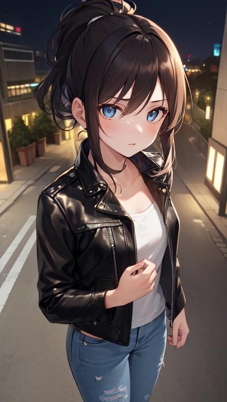 (( The girl is standing on a busy city street corner, wearing a black leather jacket and ripped jeans. Her hair is pulled back in a sleek ponytail, and she has a determined expression on her face. The camera is positioned from above, looking down on the bustling cityscape around her. It's nighttime, and the streetlights are casting a warm glow on the scene.))((masterpiece)), (1girl, solo), masterpiece, best quality, high quality, absurdres, shiny skin, colorful, best quality, hyper detailed, beatlful detailed, reflective hair, good lighting, ray tracing,  ultra-detailed, illustration,fine detail, extremely detailed, ((ultra-detailed)), (beautiful detailed girl), beautiful detailed glow, intricate detail, highres, an extremely delicate and beautiful, beautiful detailed eyes,  hdr, rounded eyes, detailed facial features, (illustration), (beautiful detailed eyes)