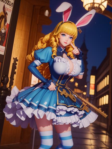 WZRYdajiALSXJ,1girl,solo,rabbit ears,blonde hair,blue eyes,drill hair,dress,long hair,striped thighhighs,looking at viewer,frills,breasts,<lora:WZRYdajiALSXJii:0.75>,cityscape,night,mature female,cowboy shot,key,hand on hip,