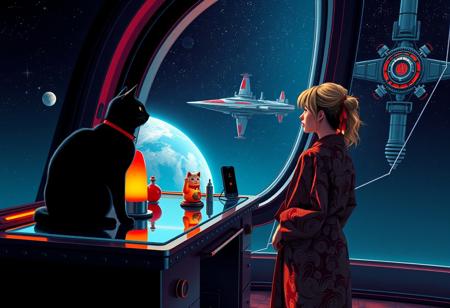 YFG-Asak Surreal Pop Art Style, a bright, whimsical scene of A sleek black cat with red collar sits on a cluttered metal riveted desk with transparent top and led lit computer components visible inside, On the desk are a maneki neko statue and a lava lamp, the Black cat is looking out of a seamless and futuristic floor to ceiling window that looks out at a planet from low orbit, (((a beautiful woman, 24 years old, is standing next to the desk looking out the window, the woman is dressed in an ornate Japanese style bath robe. An enormous deco-cyberpunk starship with futuristic lighting and an enormous space station are visible in the background among the stars, The woman's hair is messy from just waking up and tied up with a ribbon. Artistic cyberpunk, dynamic perspective, (((overall architectural aesthetic is Art Deco Cyberpunk))).  Epic image that elicits a feeling of wonder and awe,  all set against a striking, abstract background with bold, geometric patterns.