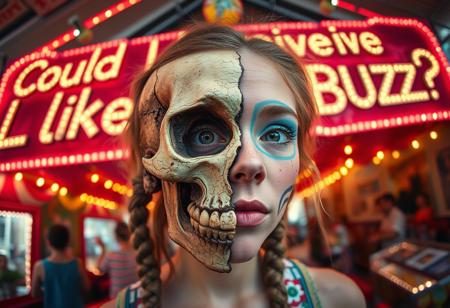 “A whimsical and surreal portrait of a girl with a distorted, comical face, featuring one eye larger than the other, vibrant face paint, and two playful braids in her hair. Half of her face is a real, rotten skull, with detailed, decayed bone structure, exposing cracked and aged bones, and the skull appears lifelike yet worn with time. The other half is covered in exaggerated, colorful face paint. The skull gives off a gritty, almost macabre vibe, blending with the lively and hype atmosphere of the carnival. Captured using a 12mm fisheye cinematic prime lens for an exaggerated perspective. The setting is a lively carnival with neon lights, whimsical decorations, and a dreamy yet unsettling atmosphere. A rotten, old light banner in the background displays the text: ‘Could I receive a Like or Buzz?’ in flickering, uneven letters. The colors and contrasts are enhanced for a surreal effect, combining playful and eerie styles, with a mix of humor and dark visual artistry.”