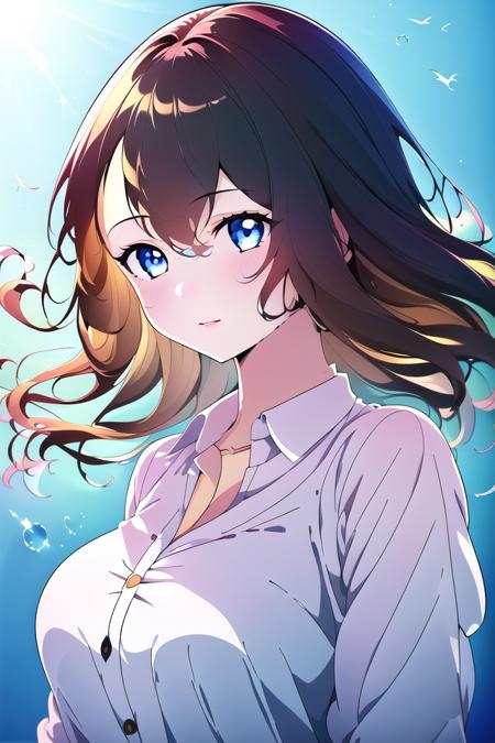 looking to the side, blue background, shirt, simple background, long sleeves, bangs, buttons, collared shirt, upper body, looking away,
(((master piece))), (((1girl))), (beautiful illustration), ((best quality)), ((cute anime face)), (highres beautiful detailed), 
 <lora:Mistral_LoCon:1>