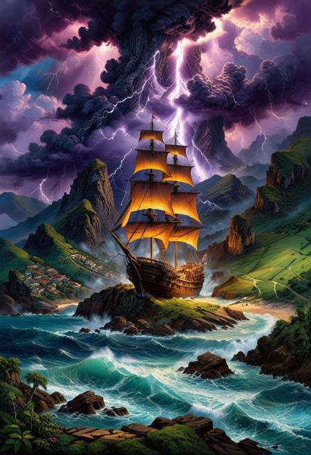 Oil pastel landscape scene where sea waterspout storm with lightning is the focal point. The storm dominates the skyscape while in the foreground a tall pirate sailboat in a steep mountain pass. ((Highest quality: 1.0), (High resolution: 1.0), (masterpiece: 1.0), beautiful and aesthetic: 1.3), extremely detailed, colorful, very detailed, ((ultra-detailed)), (highly detailed CG illustration), ((Dark and purple hues, shadow, mysterious,)),
