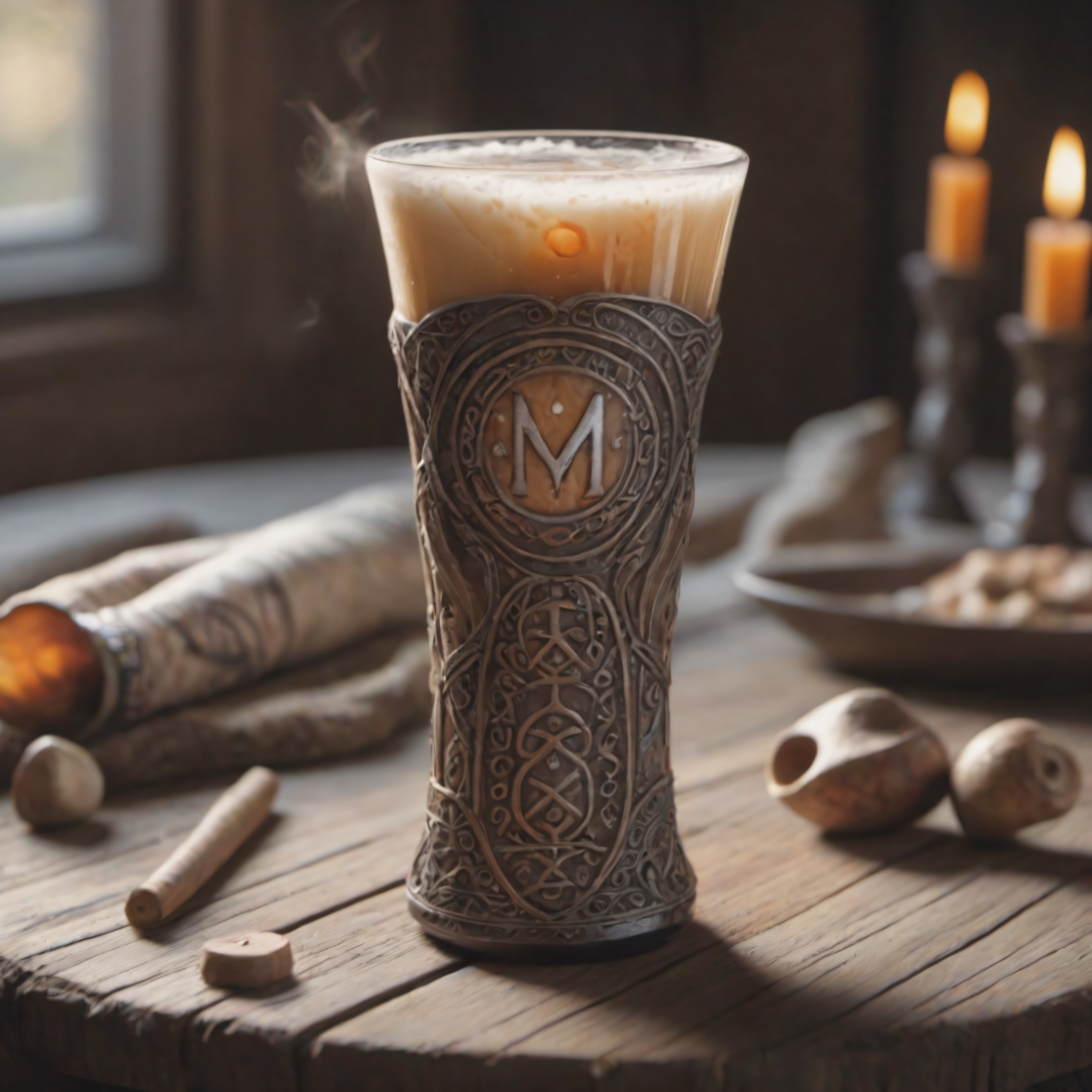 Closeup Photo , nordic drink horn full with met,glowing nordic runes, on a wooden table, natural light