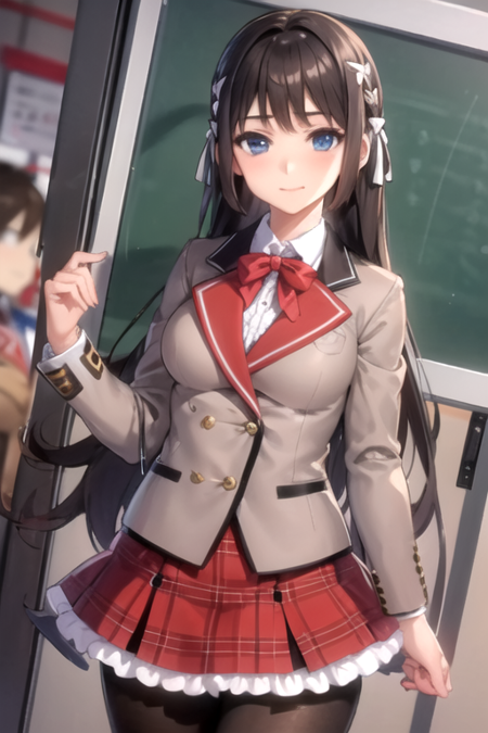 AkaneBITC, 1girl, solo, very long hair, blue eyes, pleated skirt, medium breasts, brown hair, white shirt, long sleeves, school uniform, hair ribbon, braid, hair bow, black pantyhose, collared shirt, miniskirt, bowtie, buttons, red skirt, plaid skirt, blazer, frilled skirt, 