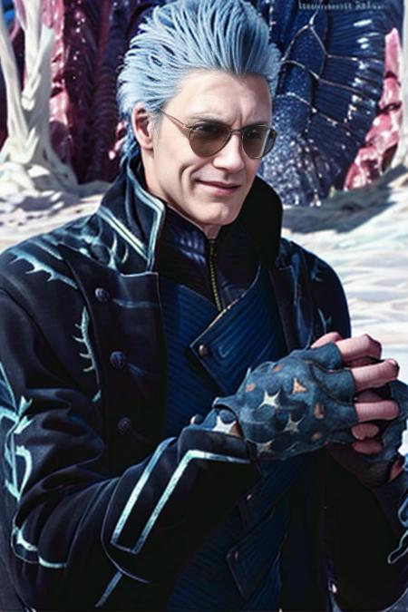 <lora:vergil:1.0>,vergil1boy,  jacket, leather, male_focus, realistic,detailed body,detailed eyes, detailed hands,snow, solo, white_hair, zipper,sunglasses, smile,