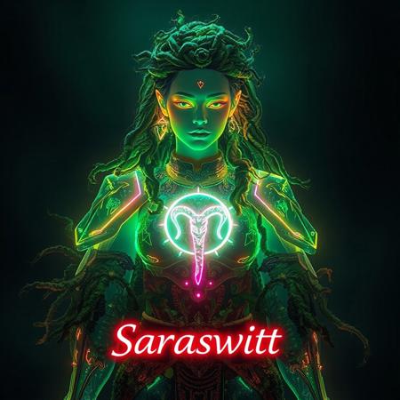 ansitions with the ethereal grace of the bioluminescent translucent fungus, Moss, and seaweed she embodies. Her body is adorned with a set of intricately crafted Bioluminescent translucent Virgo alexandrite colors zodiac armor, which casts a mesmerizing glow that outlines her form. The Virgo sign, prominent on her chest plate, pulses in vibrant neon colors, symbolizing her deep connection with the cosmos and the wisdom it holds. Her hair looks like Bioluminescent translucent roots, vines, fruit-steams, and wood Dreadlocks. Floating above her in majestic neon letters is her name, "Saraswati," illuminating the scene with an otherworldly presence. At the bottom of the picture, the word "kyōzon" is inscribed in neon colors, a subtle nod to the Japanese term for "hallucination," hinting at the surreal and fantastical nature of her existence. Her character sheet, displayed with 50 distinct and realistic fungi-based superpowers, adds a layer of depth and intrigue to her mystical aura. moody backdrop, contrasting with the vivid neon elements and emphasizing her as the focal point of the composition. The visual symphony of colors, textures, and forms come together to create a captivating portrayal of a powerful being that is both of this world and beyond it.