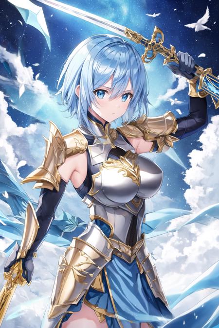 short_hair, 1girl, weapon, sword, gold armor, holding_sword, holding_weapon, blue_eyes, blue_hair, holding, solo, looking_at_viewer, very_long_hair, hair_between_eyes, shoulder_armor, bangs, breasts, floating_hair, upper_body,<lora:knight anime:0.8>,