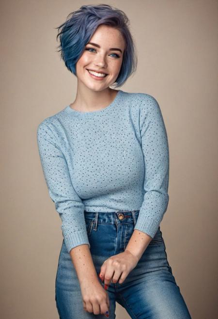 beautiful lady, freckles on face, cute smile, blue eyes, blue short hair, dark makeup, hyperdetailed photography, soft light, full body photo, 3rd breast size, tight jeans