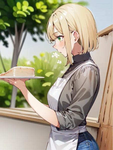 ((((1girl)))), solo, ((white apron)), grey shirt, black jeans, blonde hair, green eyes, holding plate, (shuanggaorun) on plate, food focus, female focus, upper body , outdoors, cafe <lora:Shuanggaorun:0.7>