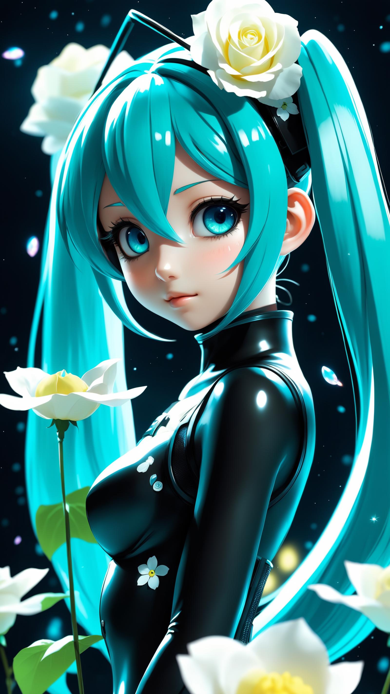 A blue-haired anime girl in a black leotard holding a flower.