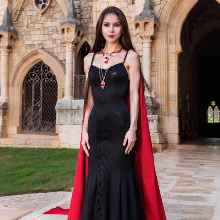 <lora:l30nam1a:1> very detailed, highest quality,l30nam1a with a black long dress, red cape, red lips,full body,noble,posing,castle,ruby necklace,goth