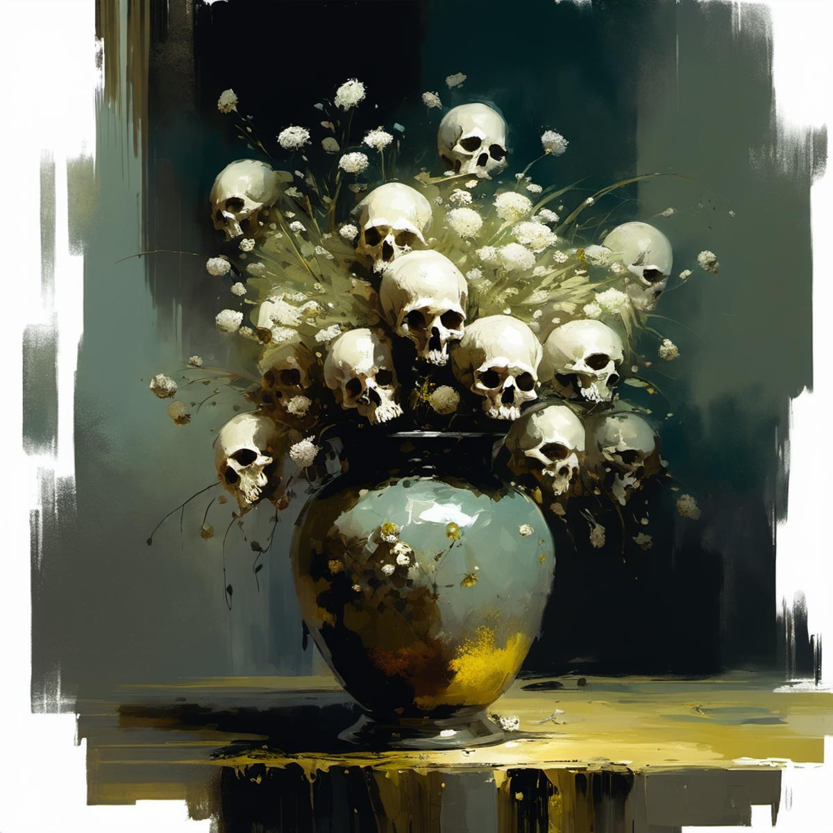 A Painting of a Black Vase Filled with White Flowers and Skulls as Decorations