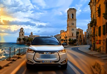 front side view ( evo car ) driving in pln plaza with the clock tower in the behind, focus on the evo car, adriatic sea with cloudy summer sky <lora:evo_car-pln_plaza_DAdapt-LoRA_SD15_v055-000010:1>