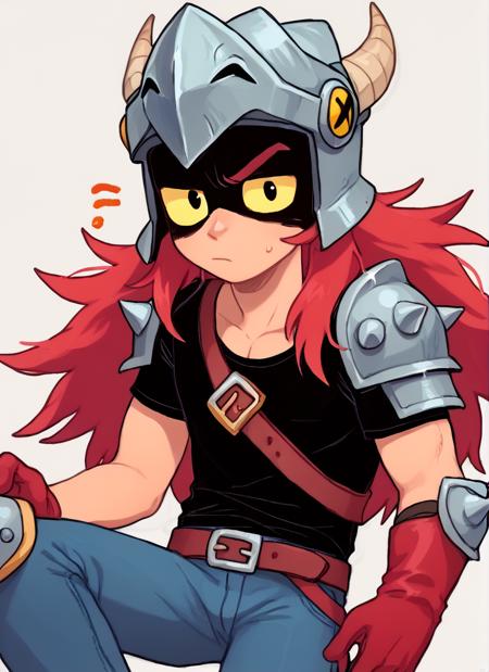 bsdraco  , 1boy, helmet, horns,  black eyes , yellow sclera,  red hair  , long hair,  black shirt,  belt , jeans, helmet,  solo  ,long hair, arm armor, shoulder spikes ,    knee pads, red gloves,