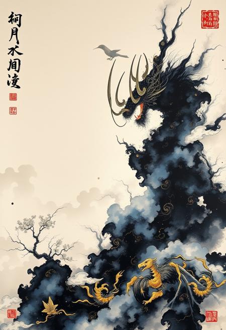 ink wash painting of ancient asian fantasy myth, black,blue and gold ink, very beautiful insanely Complex perfect elegant composition, linen gesso acrylic paper, epic Dramatic lighting! Brush quality, insanely detailed, deep colors realistic masterpiece extremely detailed, high contrast