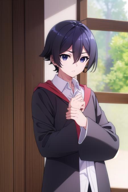 seiichihiiragi, <lora:seiichi hiiragi s2-lora-nochekaiser:1>,
seiichi hiiragi, black hair, hair between eyes, ahoge, male focus, (black eyes:1.5),
BREAK school uniform, hood, robe, shirt, white shirt, collared shirt,
BREAK indoors, classroom,
BREAK looking at viewer, (cowboy shot:1.5),
BREAK <lyco:GoodHands-beta2:1>, (masterpiece:1.2), best quality, high resolution, unity 8k wallpaper, (illustration:0.8), (beautiful detailed eyes:1.6), extremely detailed face, perfect lighting, extremely detailed CG, (perfect hands, perfect anatomy),