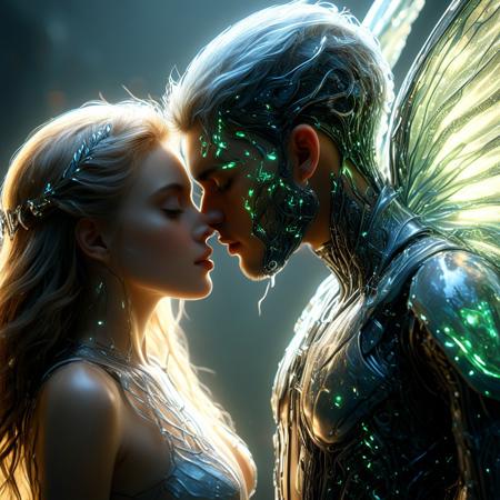 brutal biomechanical man kissing a beautiful female angel, magical, sci-fi, beautiful, unimaginable, 
very dramatic, naturalistic, photorealistic, highly detailed digital art, science vs fantasy, 
accurate intricate and realistic anatomy, 
soft lighting, Cinematic, Color Grading, Editorial Photography, volumetric lighting, atmospheric, Photography, 
Photoshoot, insanely detailed and intricate, hypermaximalist, elegant, hyper realistic, volumetric lighting, 
ray tracing, unreal engine, 3d, octane render, cinematic HD, 32k, 3D Megapixel, Pro Photo RGB, VR, Half Backlight, Backlight, Natural Light, Incandescent, Moody Lighting, 
Cinematic Lighting, Soft Lighting, Surround, Beautiful Lighting, Accent Lighting, Global Illumination, Global 
Ray tracing lighting, Scattering, Glow, Shadows, Rough, Flicker, Ray tracing reflections, Lumen reflections, 
Screen space reflections, Diffractive gradation, Chromatic aberration, GB Displacement, Scan Lines, Anti-Aliasing,
 FKAA, TXAA, RTX, SSAO, Shaders , OpenGL-Shaders, GLSL-Shaders, Post Processing, Post-Production, Cell Shading, 
Tone Mapping, CGI, VFX, SFX, insane ly d detailed and intricate, hyper-maximal, hyper-realistic, super-detailed, 
photography, hyper-realistic, 3D, photo-realistic, ultra-photo-realistic, ultra-detailed, intricate details, 8K, 
super-detailed, full color, ambient shading, volumetric lighting, high contrast, HDR, 3D