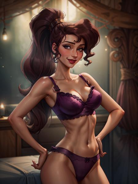 1girl, cowboy shot of megara, hands on hips, smile, blush, ponytail, long hair, lingerie, frills, dark bedroom, candles, particles, looking at viewer, volumetric lighting, best quality, masterpiece, retro artstyle,  <lora:sxz-megara-allnew:0.8>