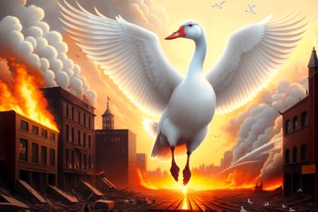 white goose with a long beak attacking a city, fire, destruction, desolation, people running away, impressive, masterpiece, ultra detailed, high quality, high resolution, 4k, romanticism, gouache apocalyptic painting