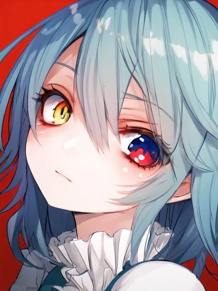 focus on face, best quality, masterpiece, 1girl, Tatara Kogasa, heterochromia, (blue) and ((red)) eyes, red background, <lora:Fua Yuu Style:1.0>, fua yuu style, beautiful eyes, highly detailed eyes, extremely detailed eyes