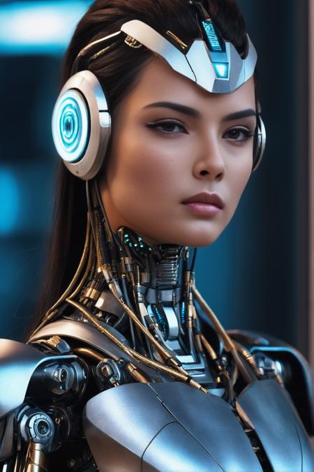 cybernetic robot <lora:TalisaSotoSDXL-000008:1>, (full-body photo:1.5) of TalisaSotoSDXL as a futuristic cyborg queen, dark-brown straight hair, brown eyes, (highily detailed face, highily detailed eyes:1.3), detailed skin texture, (blush:0.5), (goosebumps:0.5), subsurface scattering, (extremely detailedskin:1.5),(matte skin:1.7), healthy human skin, human skin has [visible|[(wrinkles:0.625)|small pores]], unretouched skin . android, AI, machine, metal, wires, tech, futuristic, highly detailed