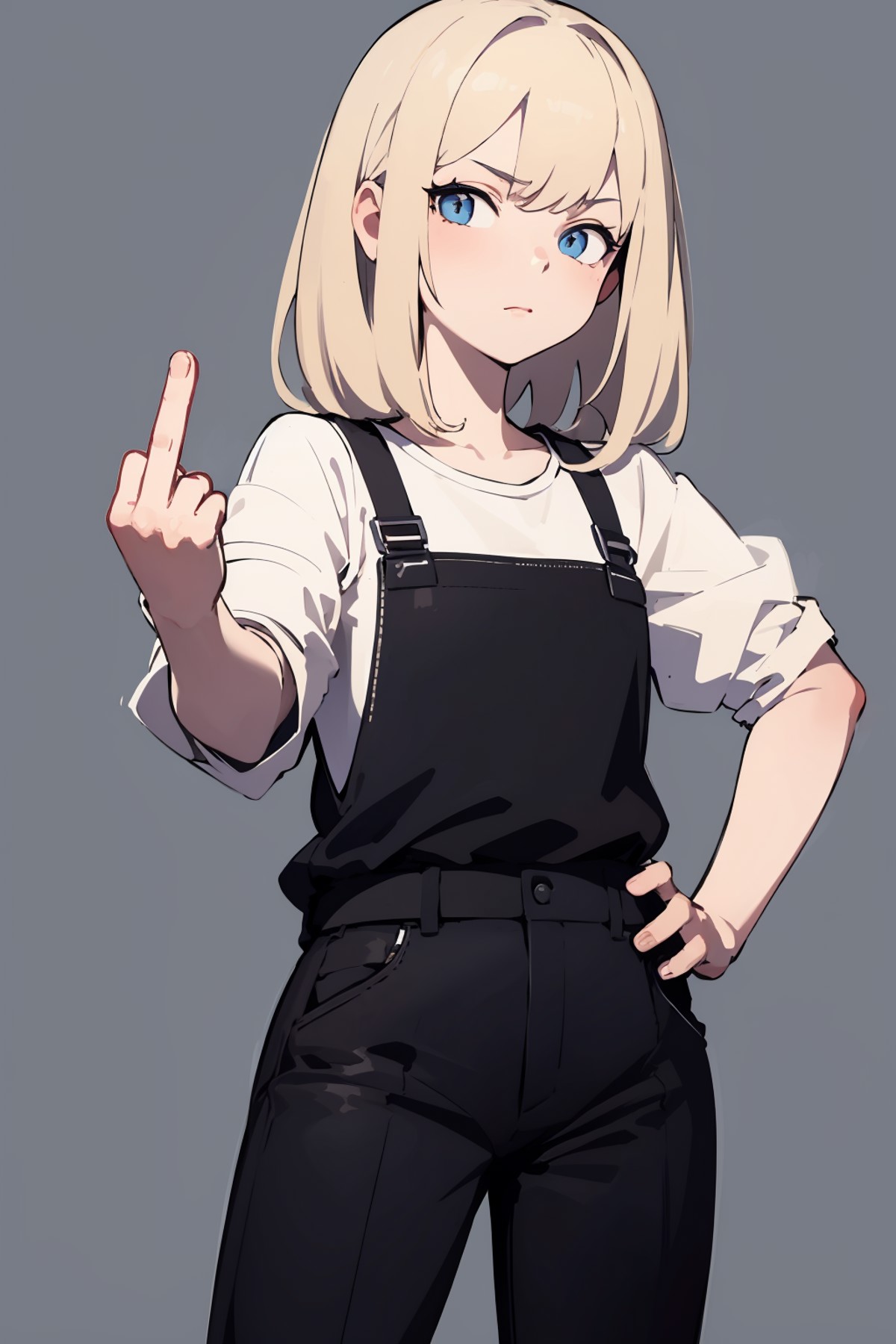 masterpiece,high quality,highres,1girl,solo,simple background,<lora:midfinger-left-v2-wasabiya:1>,middle finger,hand on hip,