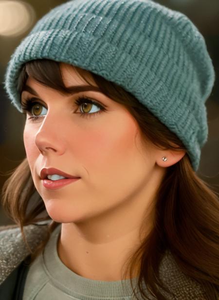 photo of brunette (LorelaiGilmore:0.99) wearing a knit cap, with a surprised expression,  detailed face, realistic skin, high quality, blue eyes