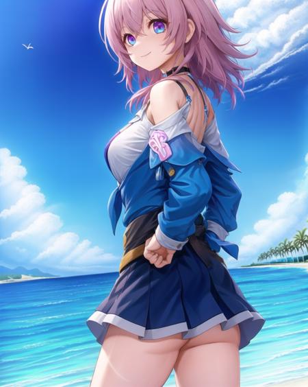 1girl, solo, medium, hair, looking at viewer, smile, gradient eyes, blue eyes, shirt, outdoors, holding,beach, sand, purple eyes, collarbone, white shirt, pink hair,choker, standing,from behind