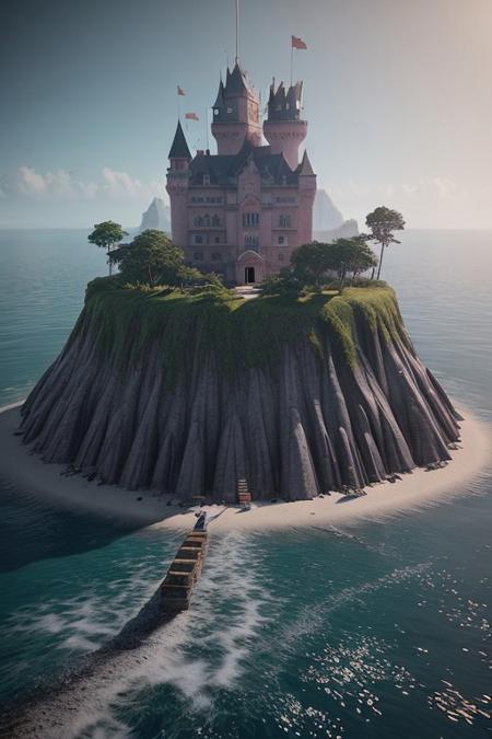 Scenic castle ruins in the middle of an ocean, art by James Jean and Wayne Barlowe, high detail, cinematic, cgsociety 8k HDR color scheme, intricate detail, concept art, dslr photograph, sharp focus, octane render, cgsociety 4k, trending on ArtStation, behance, by David"Rai, blank background, bokeh, motion blur, illustration. Trending on DeviantArt. Digital Artwork. Octane Render, award winning, Hyperdetailed, 8k, HD, 4K, photorealistic, 3D sculpture, unreal engine 5, cinematic lighting, 3D rendering by Beeple, Greg Rutkowski, trending on artstationHD,