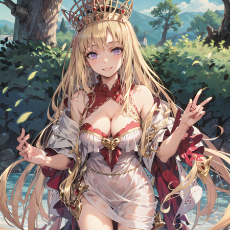 Europa a beautiful women with long blond hair wearing a white and red dress, 1girl, long hair, blonde hair, solo, breasts, dress, cleavage, very long hair, smile, looking at viewer, outdoors, crown, purple eyes,