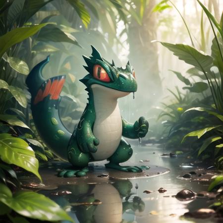 (8k, RAW photo, best quality, masterpiece:1.2), jungle, tropical forest, moisture, tail, green scales, red eyes, long tongue, puddles, steam, sweat, raindrops, vivid colors , techo, <lora:Techo:0.70>