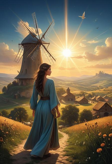 Fantastic and ethereal concept art of a breathtaking traveler, wearing a flowing robe, traveling between worlds (epic landscape: 1.5). Exceptional quality of the very realistic photography, masterpiece, extremely detailed, of great delicacy and beauty, dynamic, superb lighting, perfect shading, depth of field, soft lateral light, elegant, magnificent, highly detailed, long shot, no cropping, pure genius, absolutely perfect, highly detailed, breathtaking.
The image style is a mix of biopunk and apocalyptic with fluid details. Outside the stables of a baroque medieval town, [Horses], hay, Earth-like planet, coronal flares and a large gas giant, stunning lightscape, cinematic lighting, divine rays, light beams. By day, an imposing windmill on a hill overlooking a vast farm, with birds soaring in the sky. Award-winning masterpiece. professional, highly detailed, beautiful, celestial, ethereal, painterly, epic, majestic, magical, fantasy art, cover art, dreamy