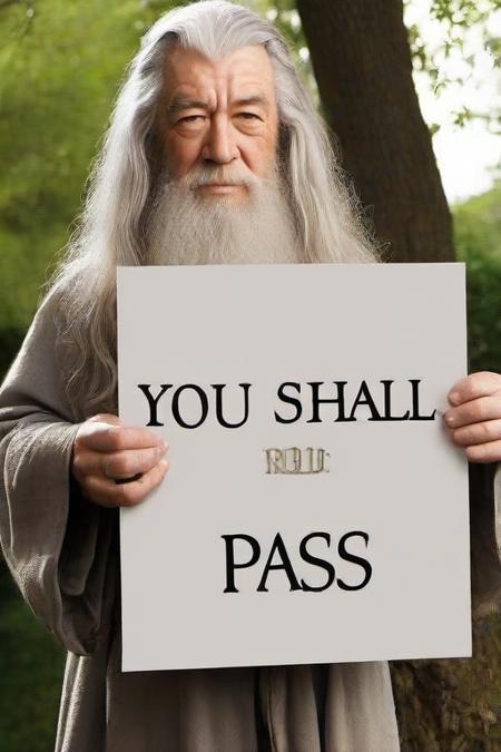 <lora:PE_HoldingSign:0.8> PEHoldingSign,
Gandalf holding a sign that says you shall not pass