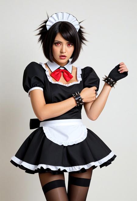 1girl, Ellen_Joe, shark tail, red_eyes, black_hair, short_hair, colored_inner_hair, spiked_bracelet, spiked_collar, maid, maid_headdress, black_dress, frills, puffy_short_sleeves, maid_apron, black_belt, bow, brown_pantyhose, angry, facing_viewer, heart_hands, indoors, dynamic angle, masterpiece, best quality, amazing quality, simple room, (white_background:1.2)