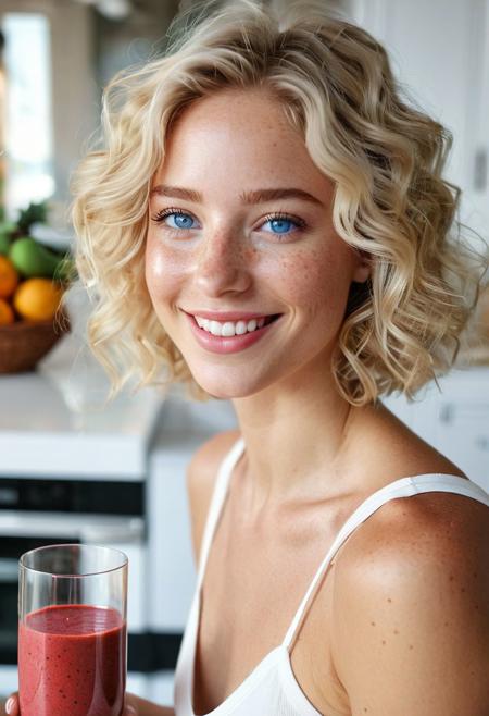 Drinking smoothie, wide-angle view, ((full-figure visible:2.0)), entire body in frame, kitchen overview, ((spacious composition:1.5)), head to toe in shot, standing in kitchen, kitchen advertisement, full body, lips touching glass, glass in front of mouth, (open mouth:1.2), DRINKING, (SMOOTHIE:2.0), drinking smoothie, DEEP RED smoothie, smoothie in glass, perfect fruits, perfect glass, perfect fingers,  gym clothing, sports clothes, white top, white sporttop, athletic clothing, happy, smiling, laughing, beautiful girl, short light blonde wavy hair, above shoulder length blond curly hair, bob cut, blue eyes, blue eyes:1.1, perfect eyes, extremely detailed eyes, extremely detailed face, textured skin, photorealistic, hyperdetailed:1.2, insane details, natural look, cute face, stunningly beautiful, pale skin, freckles, blush, detailed skin, extremely detailed, 1girl, shoulders, arms, breasts, hips, hands, perfect hands, perfect feet, perfect eyes, perfect nails, upper legs, legs, happy, open mouth, perfect teeth, in the kitchen, marble kitchen block, modern kitchen, 4K, RAW, best quality, masterpiece, ultra-detailed, hyperrealism:1.2, RAW photo, best quality, realistic, photo-realistic:1.3, best quality, masterpiece, extremely delicate and beautiful, extremely detailed natural lighting, bokeh:1.2, Porta 160 color, shot on ARRI ALEXA 65, Fujifilm XT-3, WARMER LIGHTING, sunny kitchen, warm sunlight, sun rays, inviting atmosphere