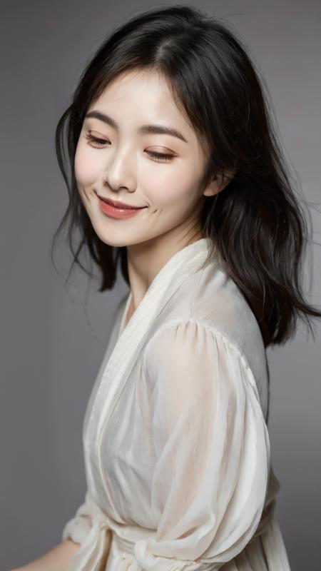 weiwei, smile, dimple, fine - art photography, soft portrait shot 8 k, mid length,  ultrarealistic uhd faces, unsplash, kodak ultra max 800, 85 mm, intricate, casual pose, centered symmetrical composition, stunning photos, masterpiece, grainy, centered composition,grey background,hanfu,<lora:dimple_smile-000007:0.7>,<lora:add_detail:0.2>,solo,closed mouth:1.5, closed eyes