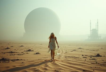 japanese albino woman walking throw an apocalyptic landscape, top hard light, sand environment, mystic, highly detailed, melancholic, masterful photography, ultra detailed