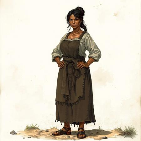 Highly detailed illustration, pixel art style inspired by old 1980s Japanese fantasy RPG covers. A strong, earthy woman stands proudly, centered against a background of parchment white and faint ink stains. She is 1.65m tall but her posture adds invisible height, her weight anchored like a tree planted by force of will. Her skin is rich toasted cinnamon, with a natural sheen of work and vitality. She has a full, firm body shaped by a lifetime of rural labor: wide hips, thick strong thighs, a solid, generous bust (but not exaggerated or caricatured), a firm belly, and powerful arms. She radiates vitality, resilience, and warmth. Her hair is dark brown, falling in untamed waves to her shoulders, loosely tied but wild. Her face is expressive, with full lips, fierce dark coffee eyes, and eyebrows that suggest she is always ready to laugh, judge, or fight. She wears simple, functional clothing: thick wool skirts, linen shirts, and aprons, in muted earthy colors (grays, ochres, faded greens). Hands roughened from work but graceful. She does not pose for beauty; she stands with the gravity of land that has survived storms. Her expression says "I know more than you think." The atmosphere is rustic, powerful, organic, raw. Lighting is soft and dusty, colors are muted and aged, no shiny modern colors. The whole scene evokes the smell of woodfire, fresh bread, and hard-earned peace. The focus is on dignity, strength, femininity rooted in reality, not fantasy idealization.