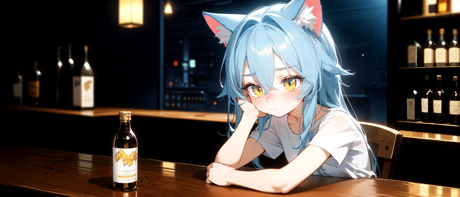 1girl solo (small-breasts:1.1) white-t-shirt light-blue-hair cat-ears yellow-eyes bar-\(place\) bottle blush hand-on-own-c...